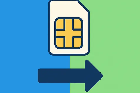 Portabilidad móvil: Cambio de compañía representado por SIM moviéndose entre dos áreas distintas.