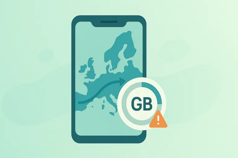Móvil con mapa de Europa (roaming) y barra/medidor de límite de datos GB visible.