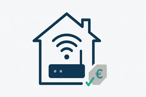 Solo fibra para hogar: casa minimalista con router Wi-Fi y conexión interna junto a etiqueta de ahorro.