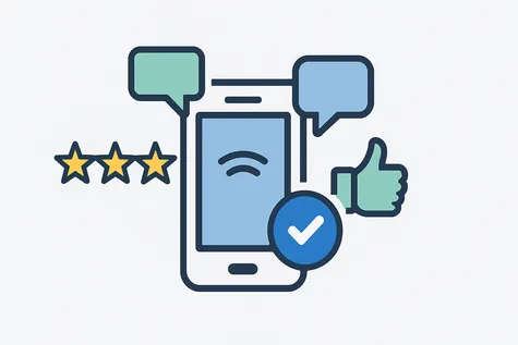 Móvil junto a estrellas, bocadillos y verificaciones representando operadoras recomendadas.