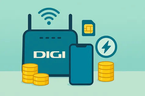 Router Digi, monedas y símbolo de velocidad; concepto de fibra barata de Digi.