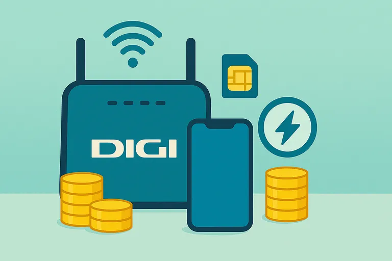 Router Digi, monedas y símbolo de velocidad; concepto de fibra barata de Digi.