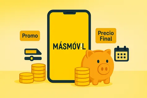 Móvil MásMóvil con monedas promo y precio final; ofertas MásMóvil y su coste real.