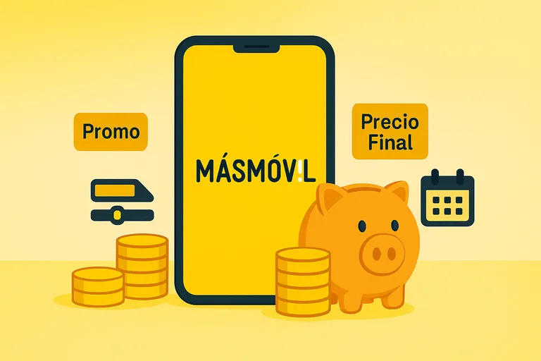 Móvil MásMóvil con monedas promo y precio final; ofertas MásMóvil y su coste real.