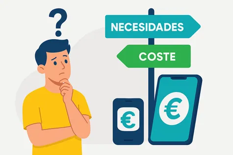 Persona pensativa con carteles “necesidades” y “coste” sobre móvil que muestra símbolo euro