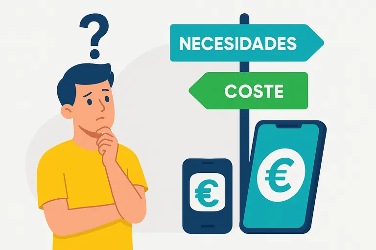 Persona pensativa con carteles “necesidades” y “coste” sobre móvil que muestra símbolo euro