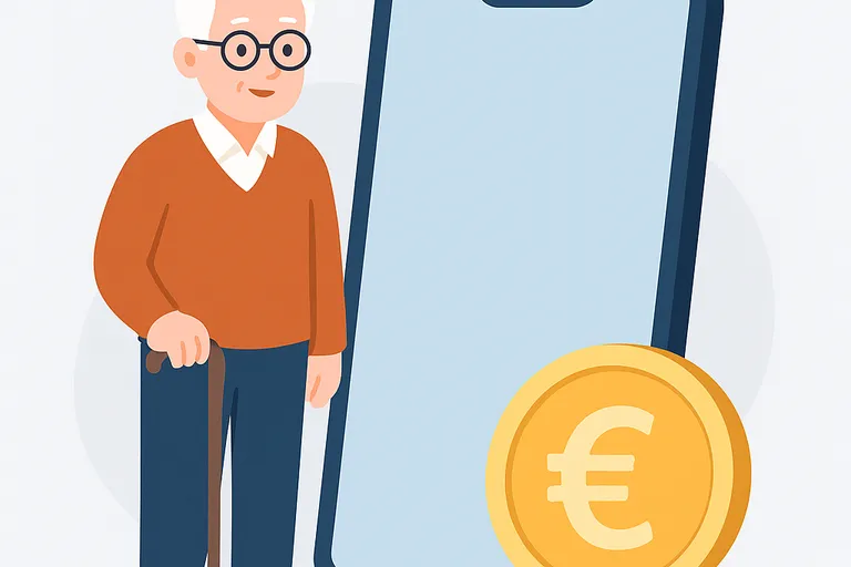 Hombre mayor con bastón junto a smartphone y moneda euro, representando tarifas low cost para mayores.