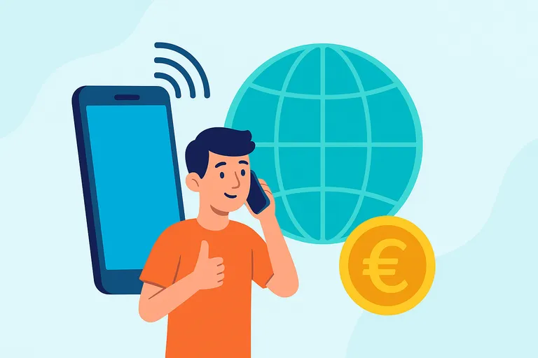 Joven hablando por móvil frente a globo terráqueo, smartphone y símbolo euro, representando tarifas internacionales.