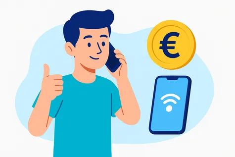 Joven llamando por móvil y haciendo gesto de aprobación junto a iconos de Wi-Fi y euro.