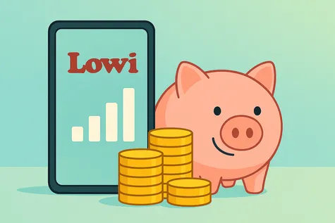 Smartphone Lowi, hucha y monedas simbolizando ofertas y tarifa más barata de Lowi.