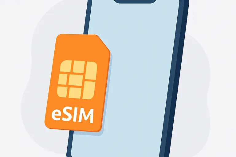 Smartphone moderno con icono eSIM sobre fondo claro, representando operadores low cost con eSIM.