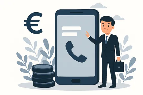 Empresario junto a un móvil gigante con símbolo de llamada y euro, representando tarifas móviles baratas para empresas.
