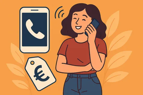 Mujer feliz hablando por teléfono, junto a iconos de llamada y euro, representando una tarifa móvil barata con llamadas ilimitadas.
