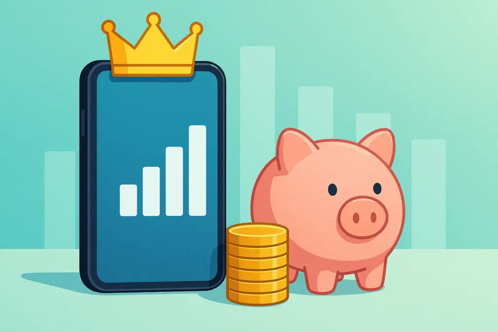 Smartphone junto a hucha que simboliza el ahorro en operadores móviles low cost. La corona representa que esa es la mejor tarifa.