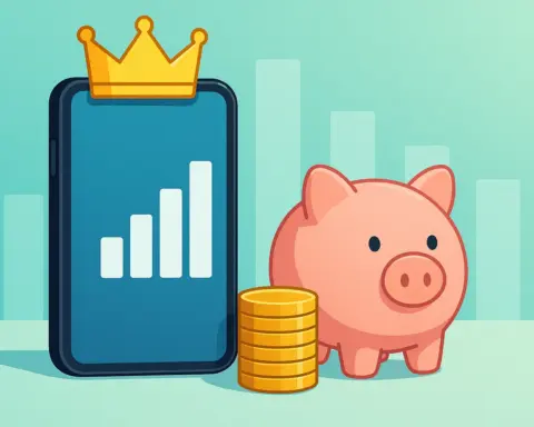 Smartphone junto a hucha que simboliza el ahorro en operadores móviles low cost. La corona representa que esa es la mejor tarifa.