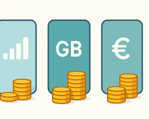 Tres opciones de planes móviles low cost comparadas, con iconos y monedas.