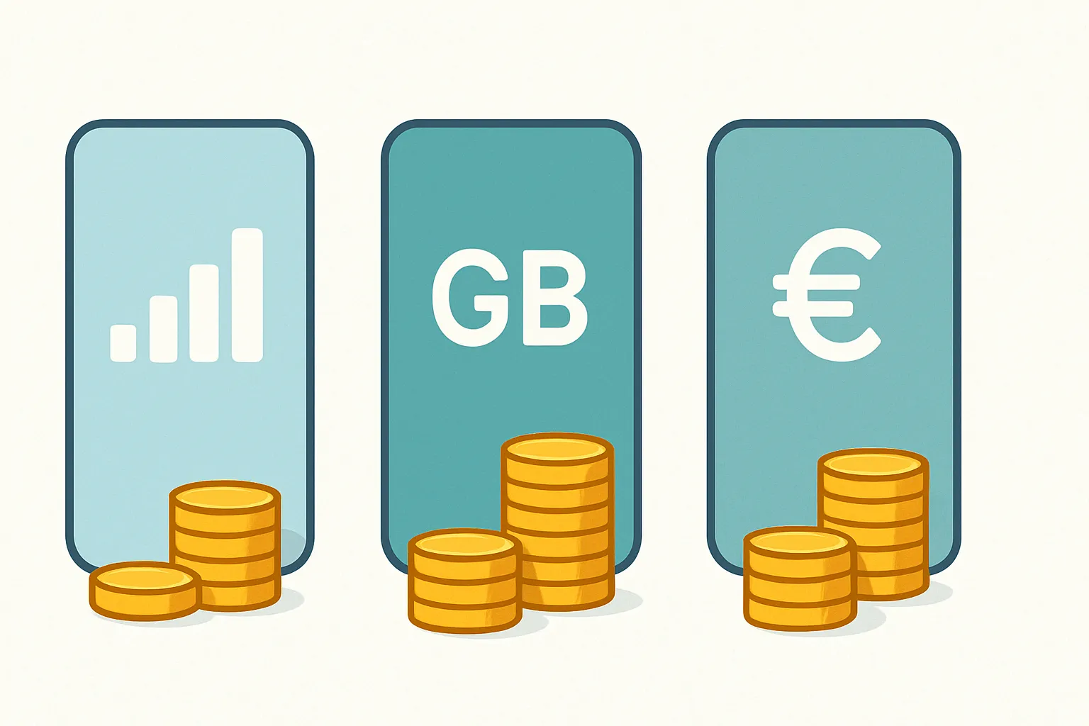 Tres opciones de planes móviles low cost comparadas, con iconos y monedas.