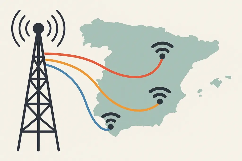 Antena grande conectando a mapa con señal. Simboliza cobertura OMV vía red principal.