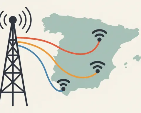 Antena grande conectando a mapa con señal. Simboliza cobertura OMV vía red principal.