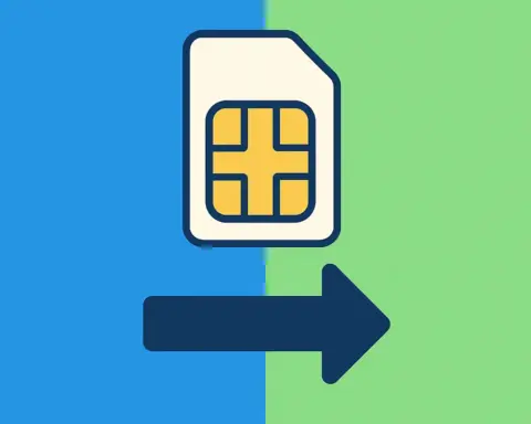 Portabilidad móvil: Cambio de compañía representado por SIM moviéndose entre dos áreas distintas.