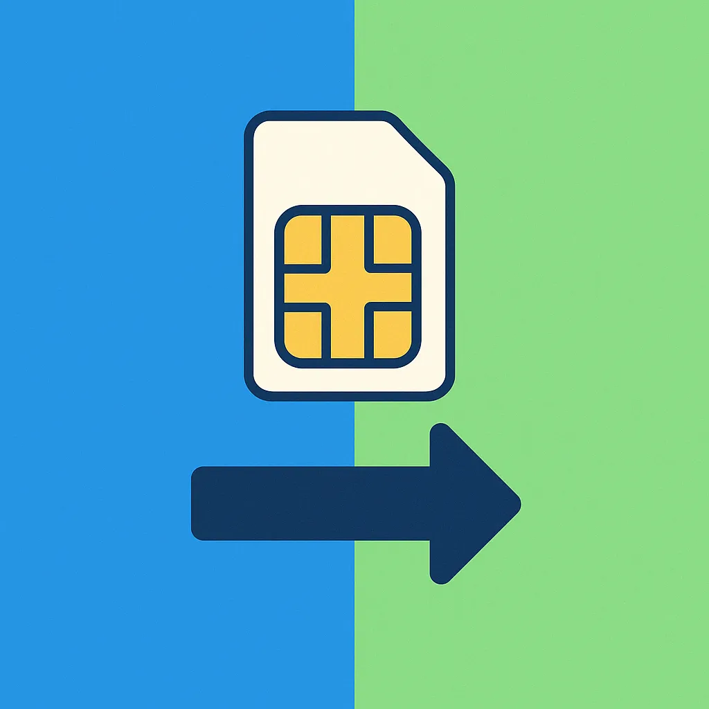 Portabilidad móvil: Cambio de compañía representado por SIM moviéndose entre dos áreas distintas.