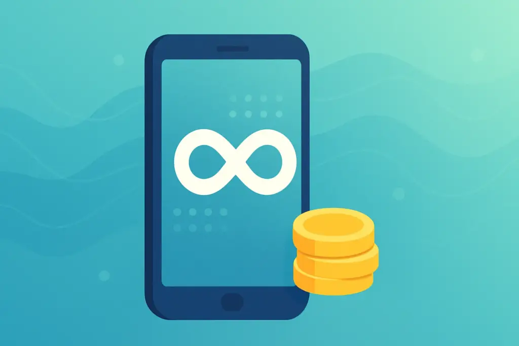 Datos ilimitados en compañías low cost: pantalla con infinito (∞) y monedas que simbolizan el ahorro.