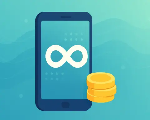 Datos ilimitados en compañías low cost: pantalla con infinito (∞) y monedas que simbolizan el ahorro.