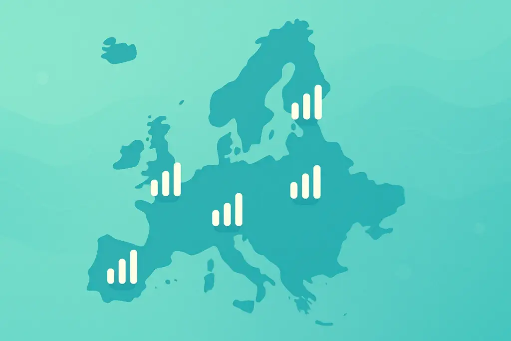 Conectividad móvil en Europa: mapa estilizado mostrando señales activas que simbolizan el roaming en el extranjero.