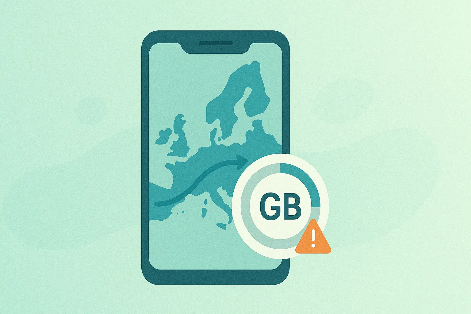 Móvil con mapa de Europa (roaming) y barra/medidor de límite de datos GB visible.