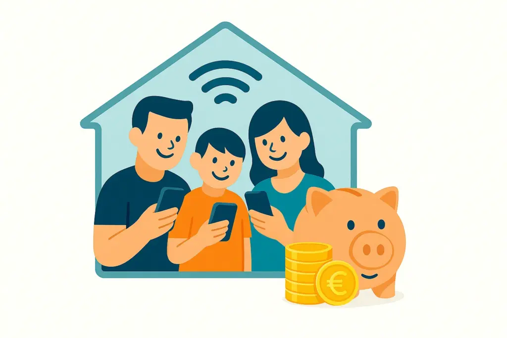Tarifas familiares low cost con fibra y móvil: grupo familiar conectado y símbolo de ahorro (hucha).