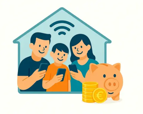 Tarifas familiares low cost con fibra y móvil: grupo familiar conectado y símbolo de ahorro (hucha).