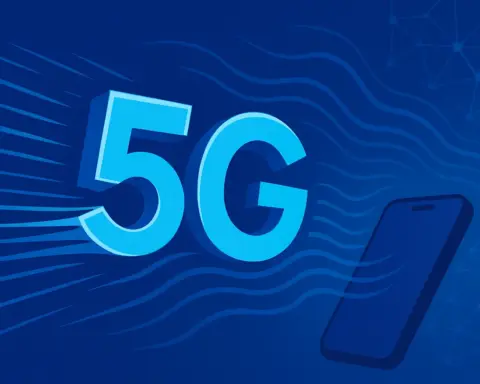 Símbolo '5G' con líneas de conexión abstractas y estilo limpio junto a un smartphone
