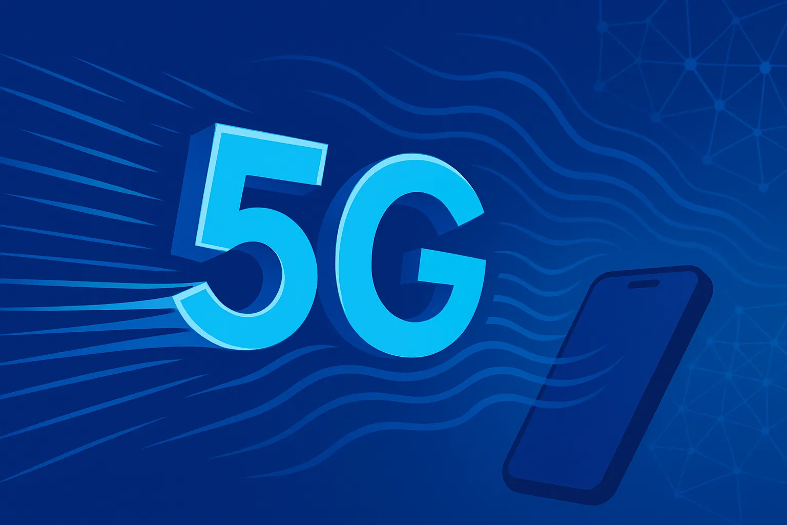 Símbolo '5G' con líneas de conexión abstractas y estilo limpio junto a un smartphone