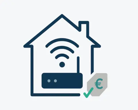 Solo fibra para hogar: casa minimalista con router Wi-Fi y conexión interna junto a etiqueta de ahorro.