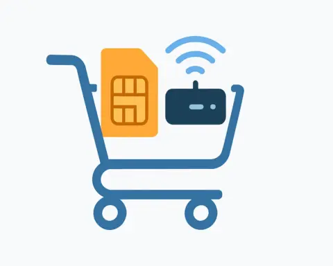 Cómo contratar operador low cost (2025): Icono de carrito, SIM y router.