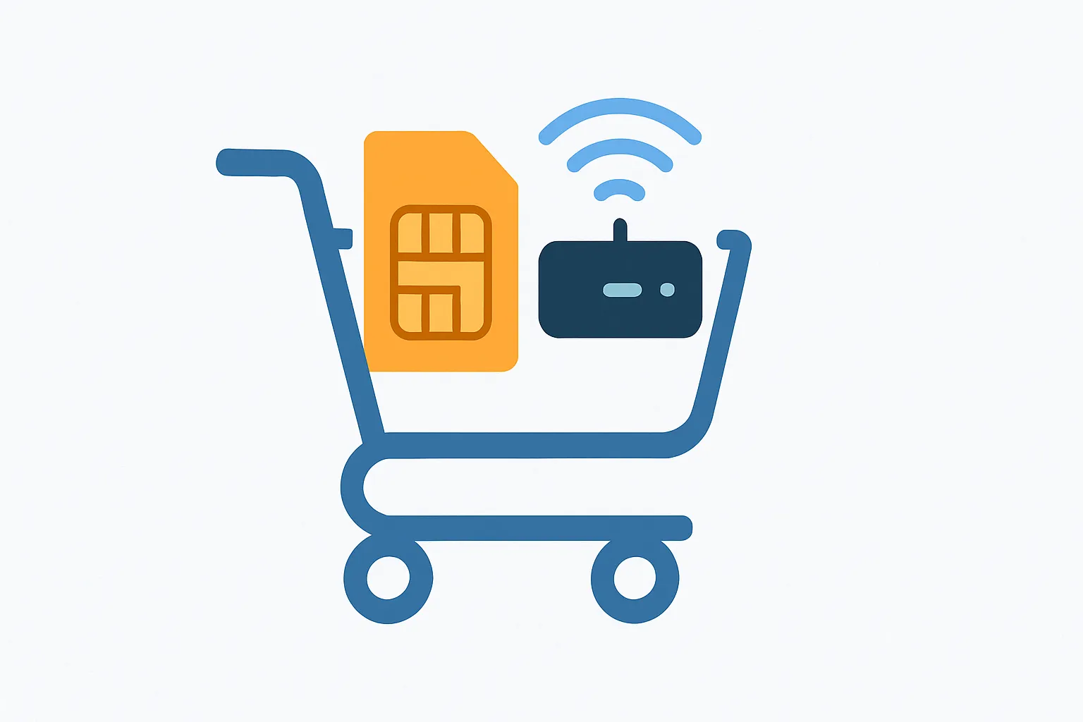 Cómo contratar operador low cost (2025): Icono de carrito, SIM y router.