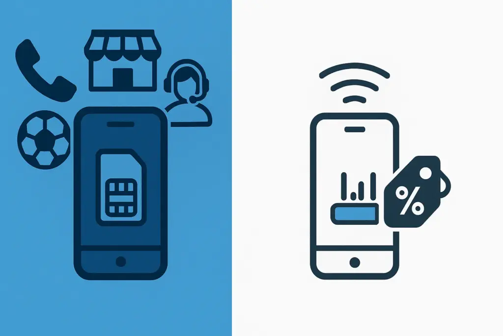 Comparativa lado a lado; Operador tradicional (servicios) vs Low Cost (simple, económico).