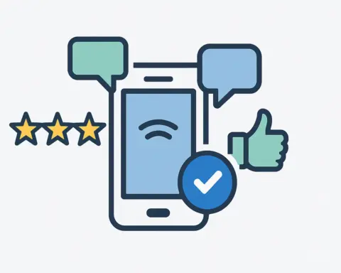 Móvil junto a estrellas, bocadillos y verificaciones representando operadoras recomendadas.