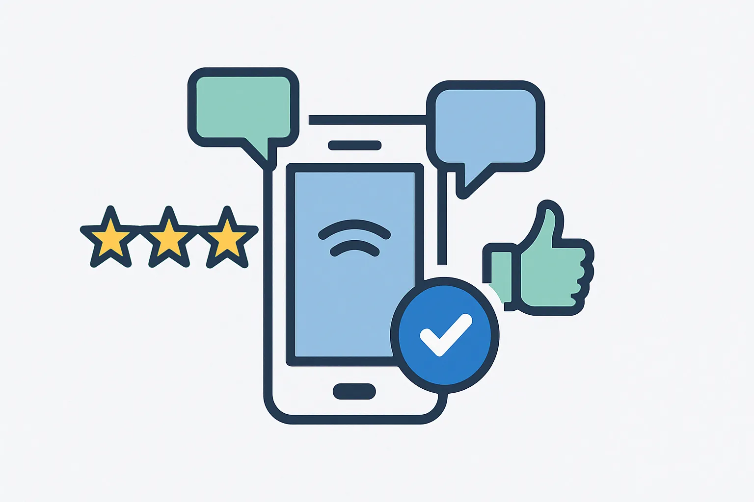 Móvil junto a estrellas, bocadillos y verificaciones representando operadoras recomendadas.