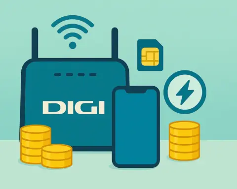 Router Digi, monedas y símbolo de velocidad; concepto de fibra barata de Digi.
