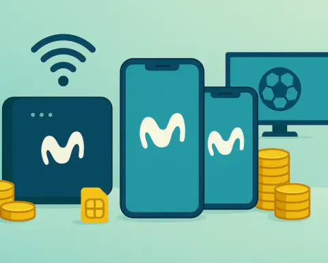 Router y dos móviles Movistar y pantalla con icono de fútbol; pack fibra y 2 líneas