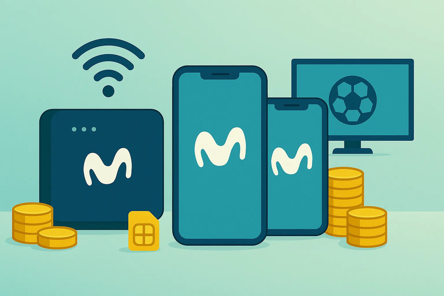 Router y dos móviles Movistar y pantalla con icono de fútbol; pack fibra y 2 líneas