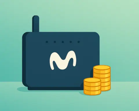 Router de Movistar junto a pequeña pila de monedas, ¿cuál es su tarifa de fibra más barata?