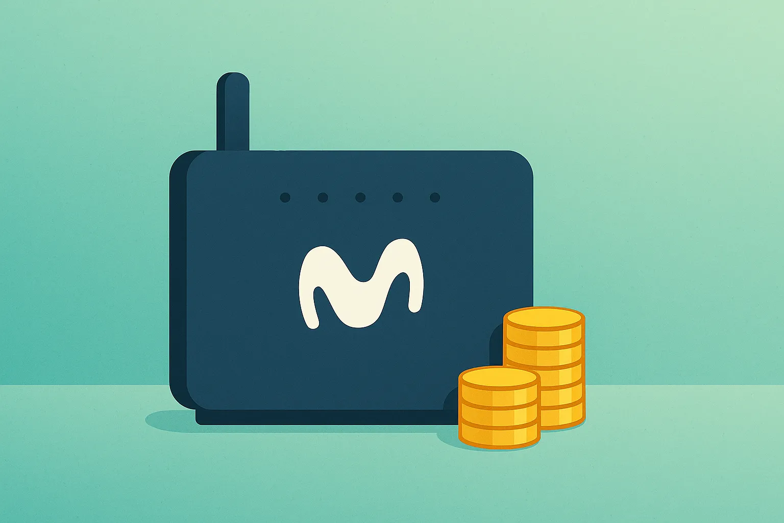 Router de Movistar junto a pequeña pila de monedas, ¿cuál es su tarifa de fibra más barata?