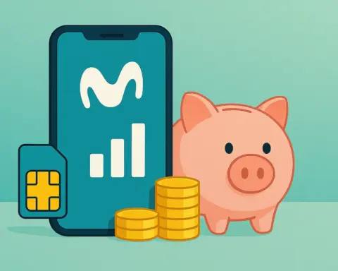 Smartphone con logo de Movistar junto a una hucha y monedas, simbolizando ofertas de la compañía.
