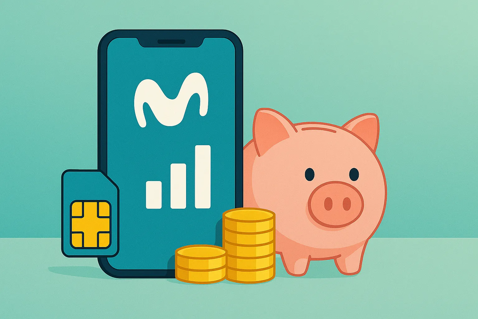 Smartphone con logo de Movistar junto a una hucha y monedas, simbolizando ofertas de la compañía.