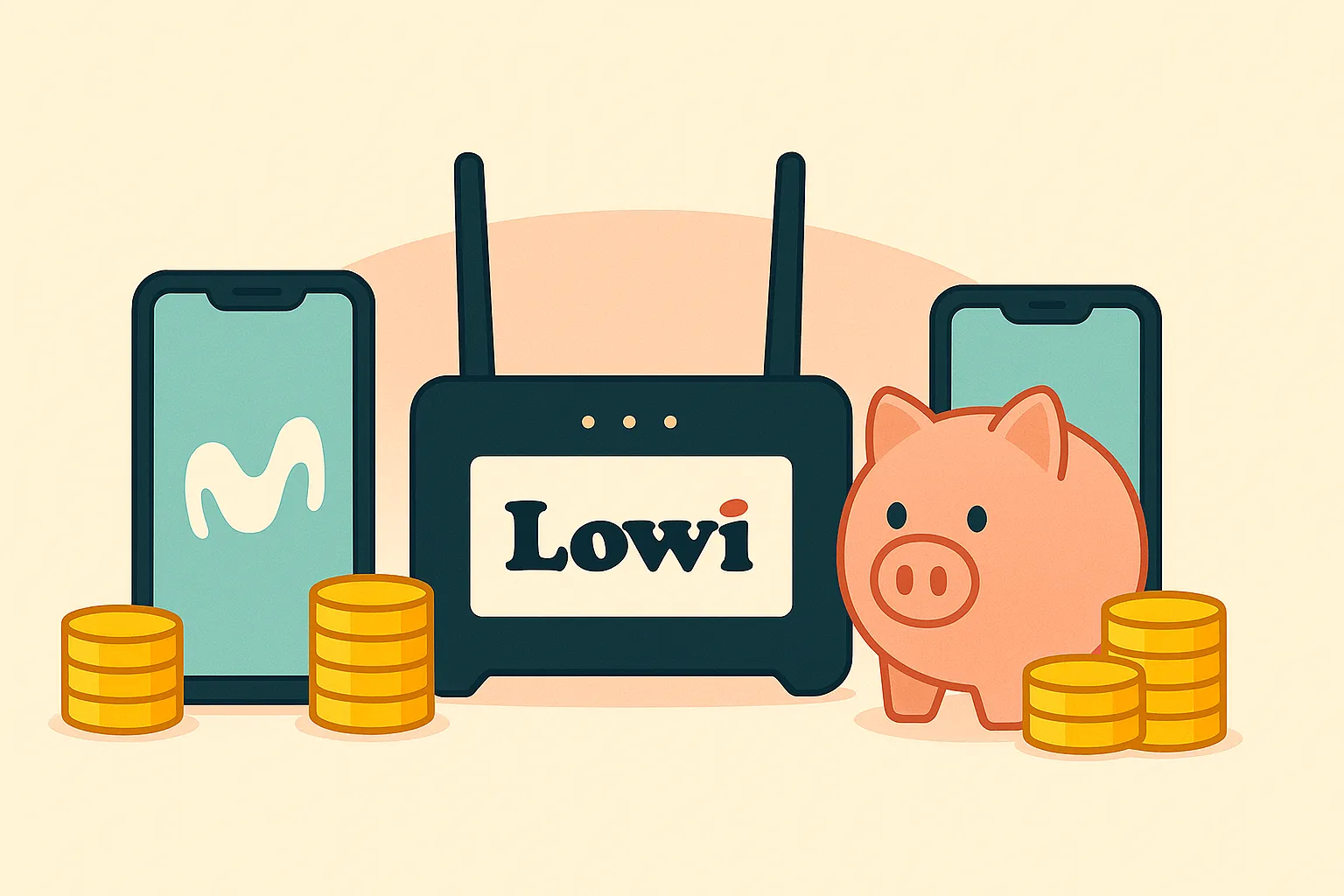 Lowi y dos móviles con monedas; pack fibra y 2 líneas móviles Lowi baratas.