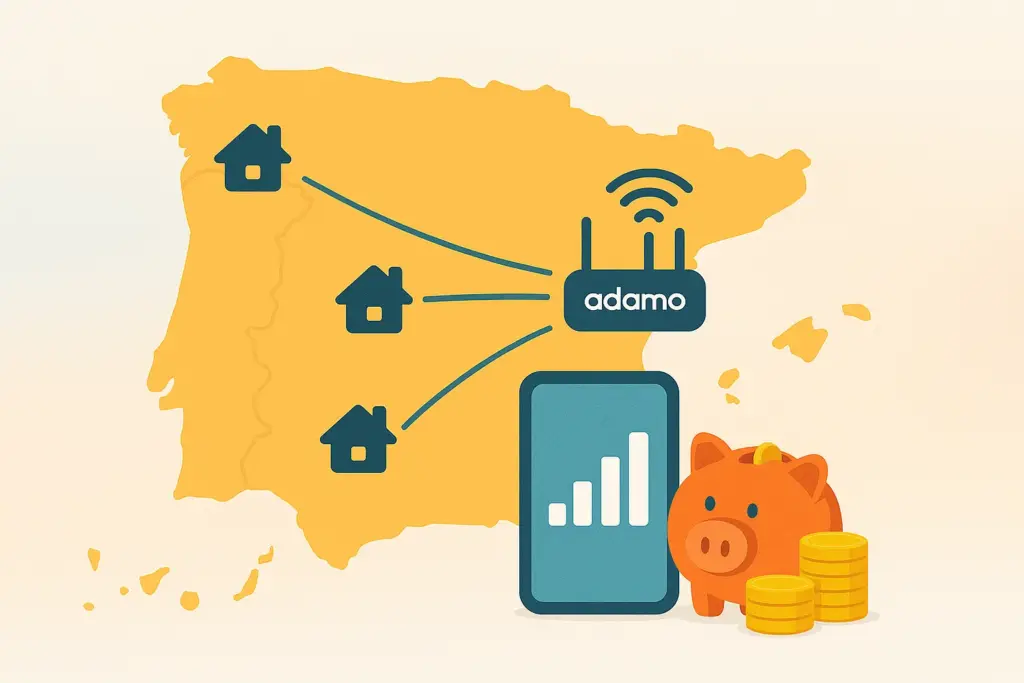 outer Adamo sobre mapa rural; ofertas de fibra Adamo para pueblos y zonas rurales.