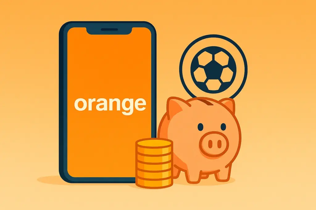 Smartphone con logo Orange junto a pila de monedas y huya que simboliza su tarifa más barata.