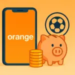 Smartphone con logo Orange junto a pila de monedas y huya que simboliza su tarifa más barata.